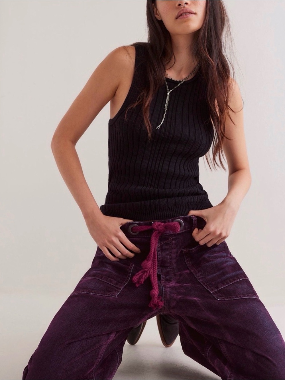We The Free Wide-Leg Corduroy Cargo Pants in Deep Plum with Drawstring